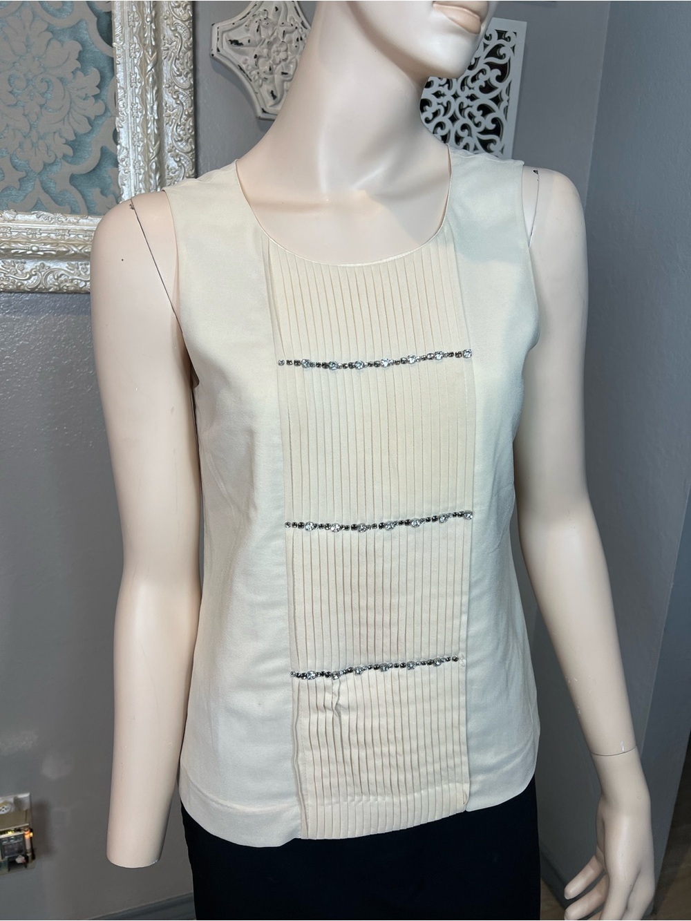 J Crew Sleeveless Cream Pintuck Front Top with Crystal rhinestone Trim
